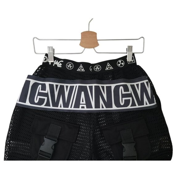 Black Mesh Streetwear Hip Hop Patchwork Cargo Pants w/ Buckle Detail Unisex Sz M - Picture 8 of 12